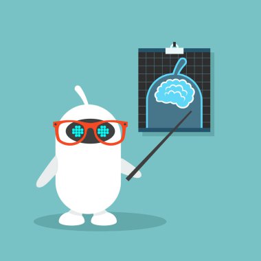 Yapay zeka kavramsal çizimi. Sevimli robot x-ray görüntü işaretleme / düz düzenlenebilir vektör resim, küçük resim