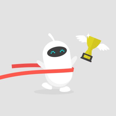 Sevimli beyaz bitiş çizgisine çapraz robot çalıştıran. Kırmızı kurdele ve altın kupa. Yarış. Rekabet. Düz düzenlenebilir vektör çizim, küçük resim