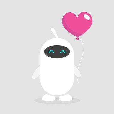 Robotlar duygusu. Bir kalp tutan sevimli beyaz cyborg balon şeklinde. Romantik ilişkiler. Düz düzenlenebilir vektör çizim, küçük resim