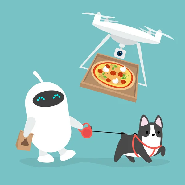 Servicios Futuristas Robot Que Pasea Perro Entrega Pizza Drones Ilustración — Archivo Imágenes Vectoriales