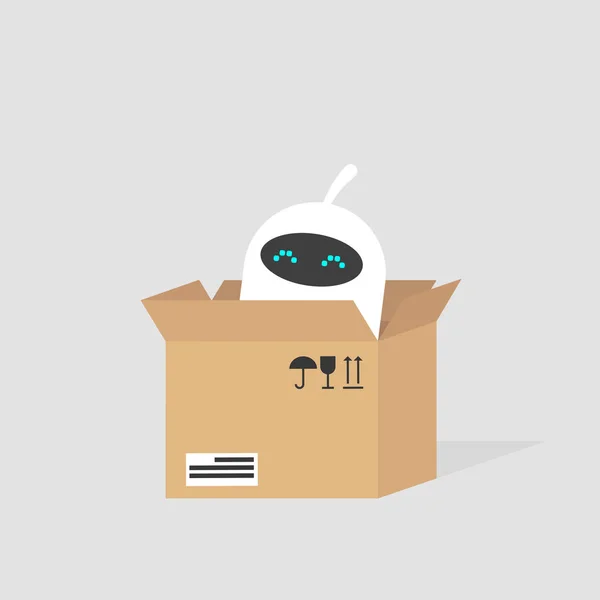 Lindo Robot Blanco Sentado Caja Cartón Servicio Entrega Concepto Ilustración — Archivo Imágenes Vectoriales