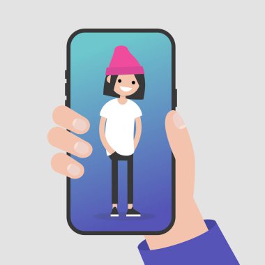 Bir smartphone tutan el. Bir cep telefonu ekran üzerinde duran bin yıllık kadın karakter. Düz düzenlenebilir vektör çizim, küçük resim