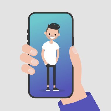 Bir smartphone tutan el. Bir cep telefonu ekran üzerinde bin yıllık karakter duran. Düz düzenlenebilir vektör çizim, küçük resim