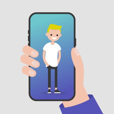 Bir smartphone tutan el. Bir cep telefonu ekran üzerinde bin yıllık karakter duran. Düz düzenlenebilir vektör çizim, küçük resim