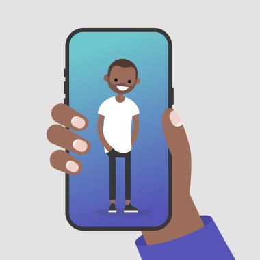 Bir smartphone tutan el. Bir cep telefonu ekran üzerinde bin yıllık karakter duran. Düz düzenlenebilir vektör çizim, küçük resim