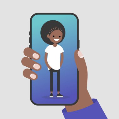 Bir smartphone tutan el. Bir cep telefonu ekran üzerinde bin yıllık karakter duran. Düz düzenlenebilir vektör çizim, küçük resim