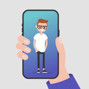 Bir smartphone tutan el. Bir cep telefonu ekran üzerinde bin yıllık karakter duran. Düz düzenlenebilir vektör çizim, küçük resim