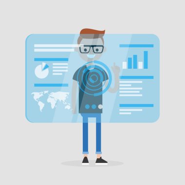 Bin yıllık karakter mavi şeffaf fütüristik ekran dokunaklı. Kavramsal geleceğin teknolojileri / düz düzenlenebilir vektör çizim, küçük resim