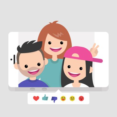 Millennials bir selfie yapma. Genç arkadaşlar eğlenmeye. Yaşam tarzı teknolojileri. Mobil uygulama. Sosyal medya simgeler. Reaksiyonlar: başparmak yukarıya, aşağı, emoji başparmak. Fotoğraf oranı.