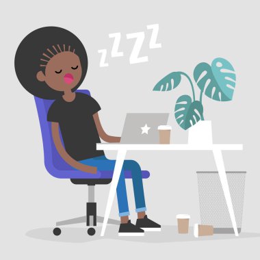 Genç siyah kadın işçi işyerinde bir uyku bitkin. NAP. Office. Düz düzenlenebilir vektör çizim, küçük resim