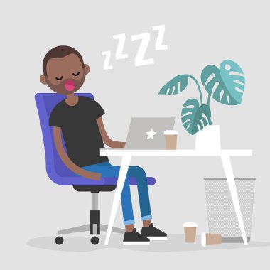 Genç siyah işçi işyerinde bir uyku bitkin. NAP. Office. Düz düzenlenebilir vektör çizim, küçük resim