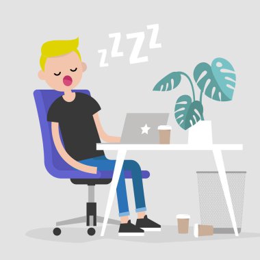 Genç bir işyeri üzerinde uyku çalışan yorgun. NAP. Office. Düz düzenlenebilir vektör çizim, küçük resim