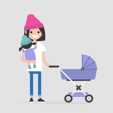 Bir çocuk ile yürüyen Genç Anne. Bebek arabası. Bir bebek tutan. Modern aile. Düz düzenlenebilir vektör çizim, küçük resim