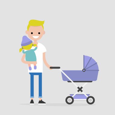 Bir çocuk ile yürüyen genç baba. Bebek arabası. Bir bebek tutan. Modern aile. Düz düzenlenebilir vektör çizim, küçük resim
