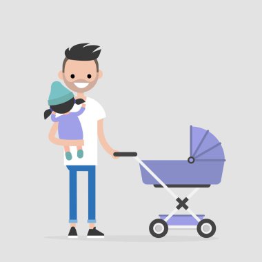Bir çocuk ile yürüyen genç baba. Bebek arabası. Bir bebek tutan. Modern aile. Düz düzenlenebilir vektör çizim, küçük resim