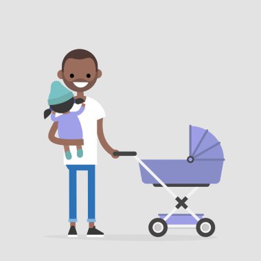 Bir çocuk ile yürüyen genç baba. Bebek arabası. Bir bebek tutan. Modern aile. Düz düzenlenebilir vektör çizim, küçük resim