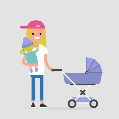 Bir çocuk ile yürüyen Genç Anne. Bebek arabası. Bir bebek tutan. Modern aile. Düz düzenlenebilir vektör çizim, küçük resim