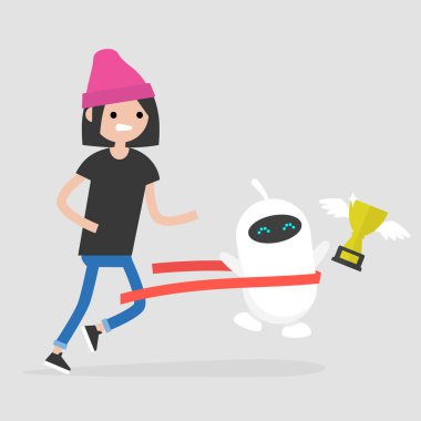 İnsan ve robot arasındaki rekabet. Yapay zeka. Teknoloji. Kavram. Düz düzenlenebilir vektör çizim, küçük resim