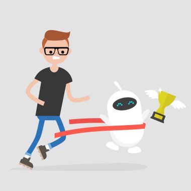 İnsan ve robot arasındaki rekabet. Yapay zeka. Teknoloji. Kavram. Düz düzenlenebilir vektör çizim, küçük resim
