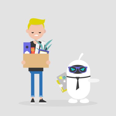 Bir robot tarafından ateş çalışan üzgün. İnsan beyni ve yapay zeka arasında rekabet. Teknoloji. Kavram. Düz düzenlenebilir vektör çizim, küçük resim