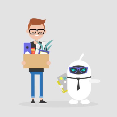 Bir robot tarafından ateş çalışan üzgün. İnsan beyni ve yapay zeka arasında rekabet. Teknoloji. Kavram. Düz düzenlenebilir vektör çizim, küçük resim