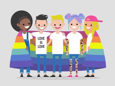 LGBTQ topluluk. Mutlu genç insanlar bir Lgbt gökkuşağı bayrağı ile kaplı sarılma. Düz düzenlenebilir vektör çizim, küçük resim