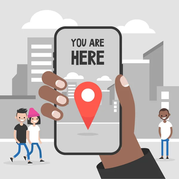 Itt Van Navigáció Városban Fekete Kezében Egy Mozgatható Telefon Technológiák — Stock Vector