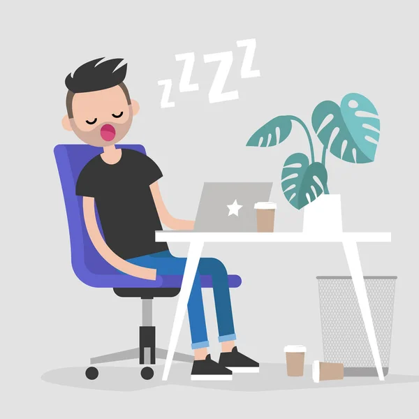 Young Exhausted Employee Sleeping Workplace Nap Office Flat Editable Vector — Stock Vector