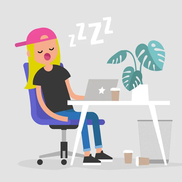 年轻疲惫的女雇员在工作场所睡觉 办公室 平面可编辑矢量插图 剪贴画 — 图库矢量图片