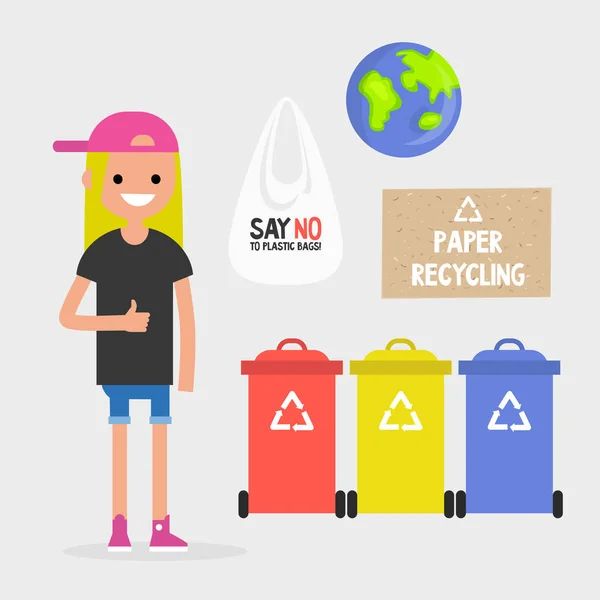Écologie Recyclage Des Déchets Papier Plastique Verre Jour Terre Illustration — Image vectorielle