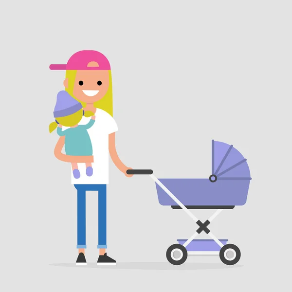 Young Mother Walking Child Stroller Holding Baby Modern Family Flat — Stock Vector