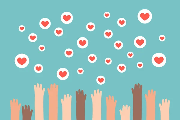Ανταγωνισμός Μέσα Κοινωνικής Δικτύωσης Υψωμένα Χέρια Προσπαθώντας Πιάσει Ιπτάμενο Καρδιακά — Διανυσματικό Αρχείο