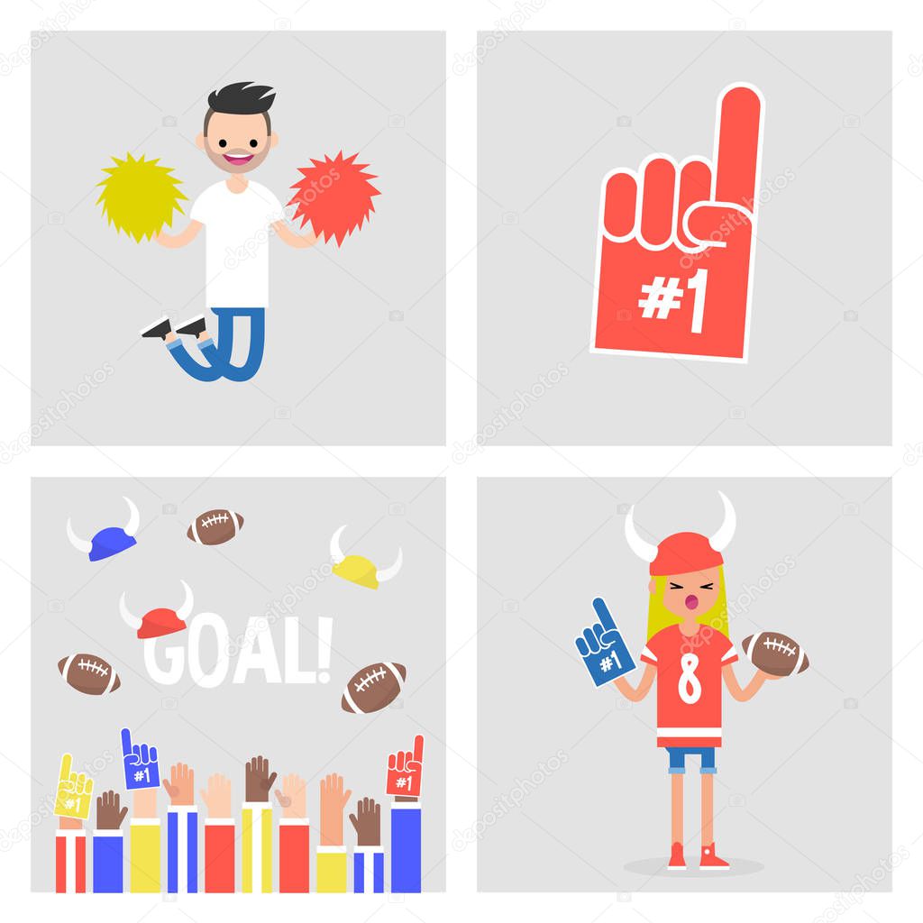 Collection of sport images. Characters and objects. Fans and cheerleaders. Crowd of people throwing balls and horned hats in the air / flat editable vector illustration, clip art