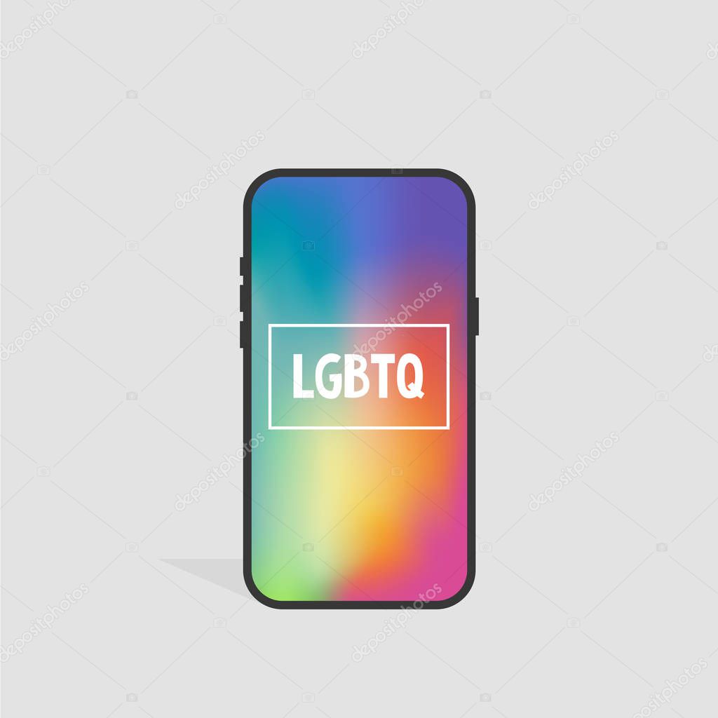 LGBTQ sign. Mobile phone screen. Rainbow mesh. Flat editable vector illustration, clip art