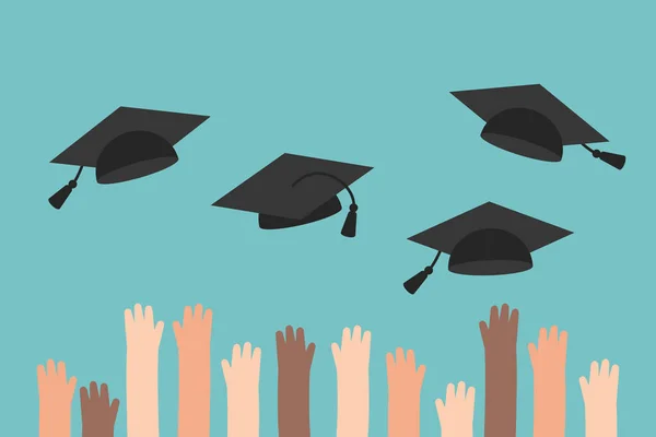 Graduation Raising Hands Throwing Graduate Hats Flat Editable Vector Illustratuon — Stock Vector