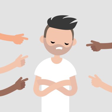 Kurban bir zorbalık. Üzgün karakteri işaret parmakları. Alay. kalabalık kanaat. Düz düzenlenebilir vektör çizim, küçük resim