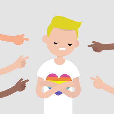 Kurban bir zorbalık. Üzgün karakteri işaret parmakları. Alay. kalabalık kanaat. Düz düzenlenebilir vektör çizim, küçük resim