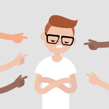 Kurban bir zorbalık. Üzgün karakteri işaret parmakları. Bir inek alay. kalabalık kanaat. Düz düzenlenebilir vektör çizim, küçük resim