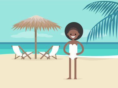 Genç karakter tatilde. Manzara plaj. İki şezlong palmiye ağacı şemsiyesi altında. Arka plan. Cennet. Düz düzenlenebilir vektör çizim, küçük resim