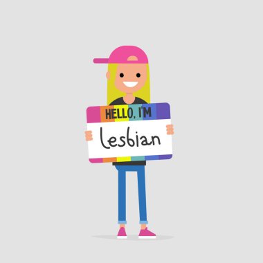 Merhaba, ben lezbiyen değilim. Açık eşcinsellik. Ortaya çıkıyor. Genç kadın kendisini Lgbt topluluğu bir parçası olarak tanıtan karakter. Düz düzenlenebilir vektör çizim, küçük resim