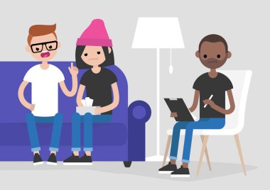 Genç çift bir psikoterapist ziyaret savunarak. Zihinsel sağlık. İlişkiler. Notlar dinleyip doktor. Psikoterapi. Düz vektör çizim, küçük resim