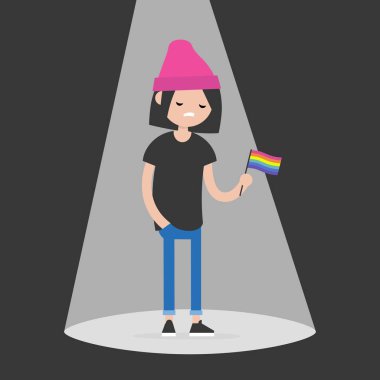 Ortaya çıkıyor. Genç Eşcinsel karakter ayakta bir spot ışığı ve Lgbtq bayrak tutan üzgün. Düz düzenlenebilir vektör çizim, küçük resim