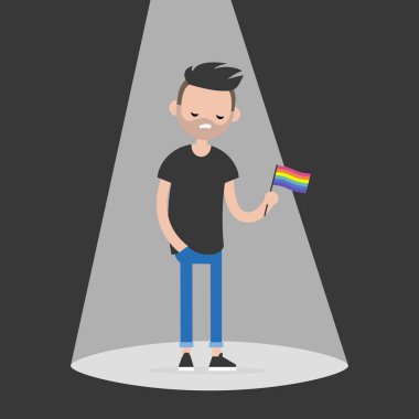 Ortaya çıkıyor. Genç Eşcinsel karakter ayakta bir spot ışığı ve Lgbtq bayrak tutan üzgün. Düz düzenlenebilir vektör çizim, küçük resim