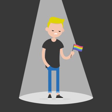 Ortaya çıkıyor. Genç Eşcinsel karakter ayakta bir spot ışığı ve Lgbtq bayrak tutan üzgün. Düz düzenlenebilir vektör çizim, küçük resim