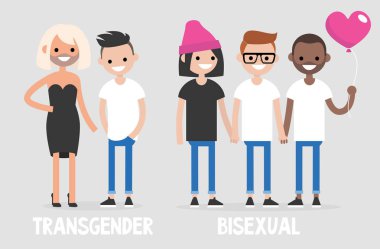 Cinselliğin farklı türleri: travestiler ve biseksüel. LGBTQ topluluk. Kavram. Düz düzenlenebilir vektör çizim, küçük resim