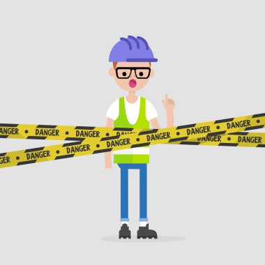 Genç bir mühendis bir kask ve bir yansıtıcı yelek giyiyor. Dikkatli olun. Tehlike sarı bant. Endüstriyel illüstrasyon. Düz vektör çizim, küçük resim. 