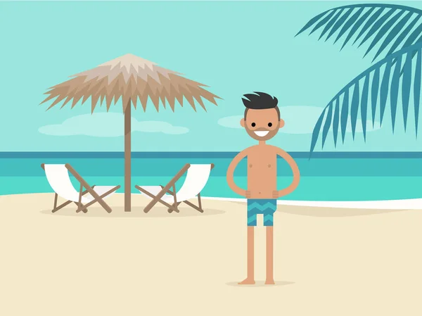 Genç Karakter Tatilde Manzara Plaj Şezlong Palmiye Ağacı Şemsiyesi Altında — Stok Vektör