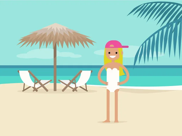 Молодой Человек Отпуске Пляжный Пейзаж Два Шезлонга Зонтиком Фон Рай — стоковый вектор