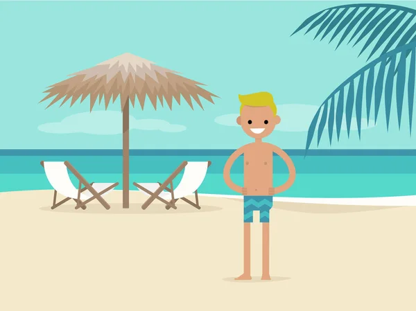 Joven Personaje Vacaciones Paisaje Playa Dos Tumbonas Bajo Paraguas Palmera — Vector de stock