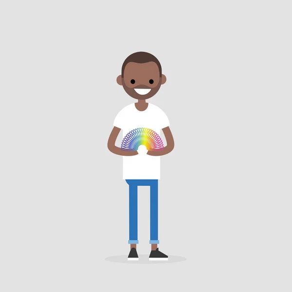 Junge Schwarze Figur Spielt Mit Einem Regenbogenfrühling Spielzeug Flache Editierbare — Stockvektor